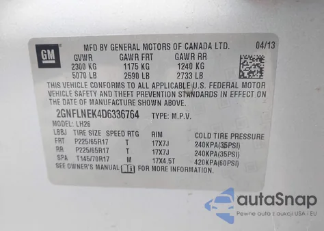 2013 Chevrolet Equinox Lt из США, поврежденный, VIN 2GNFLNEK4D6336764